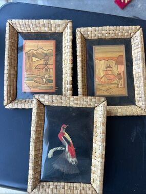 Woven Frame Wall Art Trio with Red Accent Bird and Scenic Prints